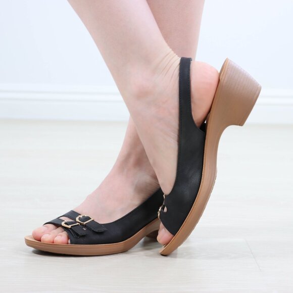 Black Slingback Wedge Sandals Women’s Open Toe Gold Buckle Comfort 2” Heel - Picture 10 of 16